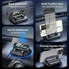 Dashboard Car Phone Holder – 360° Rotation Head-Up Mount with Anti-Slip Base & Number Plate