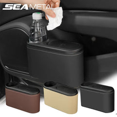 Car Rear Row Trash Can – Hanging ABS Garbage Bin with Pressing Lid & Drink Holder
