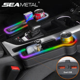 Car Seat Gap Storage Box with LED Atmosphere Light – Dual USB Charger & Cup Holder