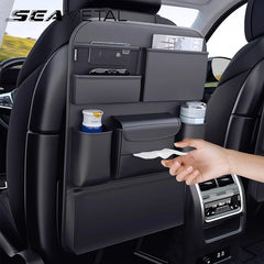 Organizador de respaldo para asiento de coche con 7 bolsillos – Almacenamiento colgante todo en uno de cuero de PU con soporte para vasos y pañuelos
