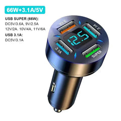 66W Car Cigarette Lighter Charger – 4-Port Fast Charging for iPhone, Xiaomi, Samsung