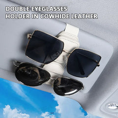 Magnetic Cowhide Car Glasses Holder – Dual-Clip Stable Sun Visor Sunglasses Organizer