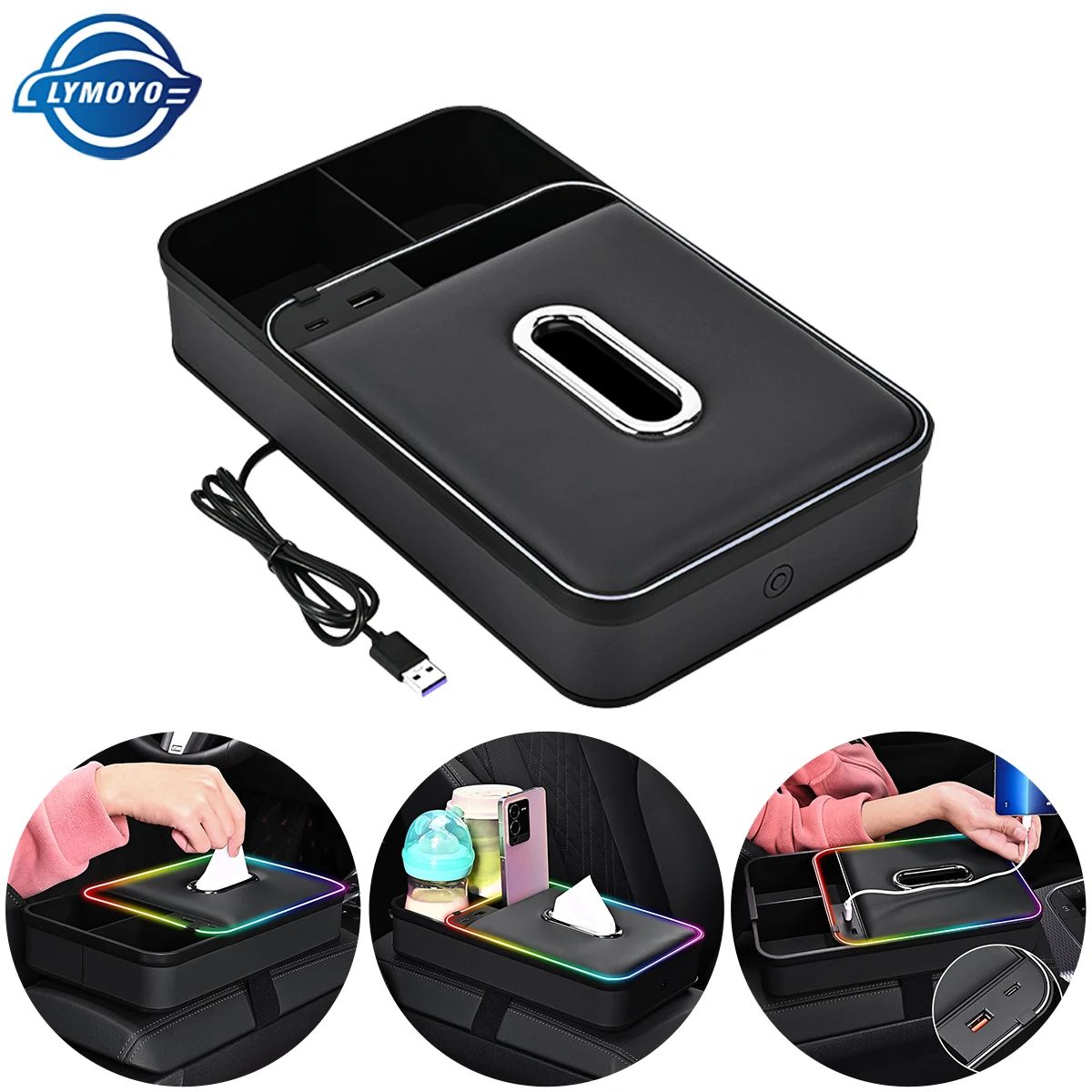 Car Center Console Armrest Storage Box With LED Ambient Light Cup