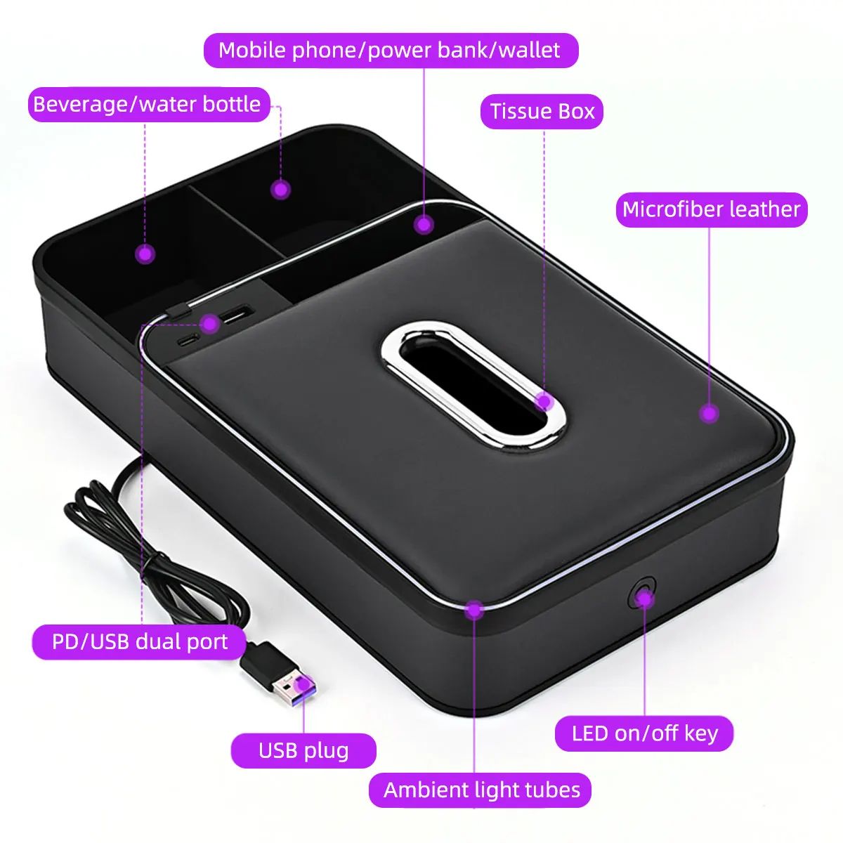 Car Center Console Armrest Storage Box With LED Ambient Light Cup
