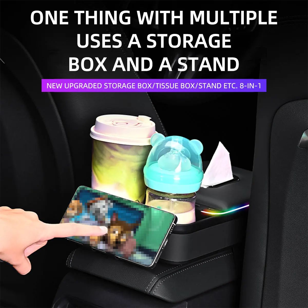 Car Center Console Armrest Storage Box With LED Ambient Light Cup