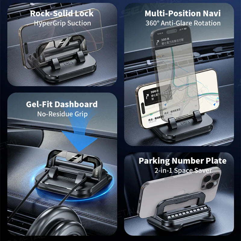Dashboard Car Phone Holder – 360° Rotation Head-Up Mount with Anti-Slip Base & Number Plate