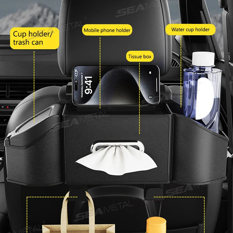 SEAMETAL Car Back Seat Organizer – Multifunction Storage Box with Cup Holder, Trash Bin & Phone Mount