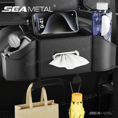 SEAMETAL Car Back Seat Organizer – Multifunction Storage Box with Cup Holder, Trash Bin & Phone Mount