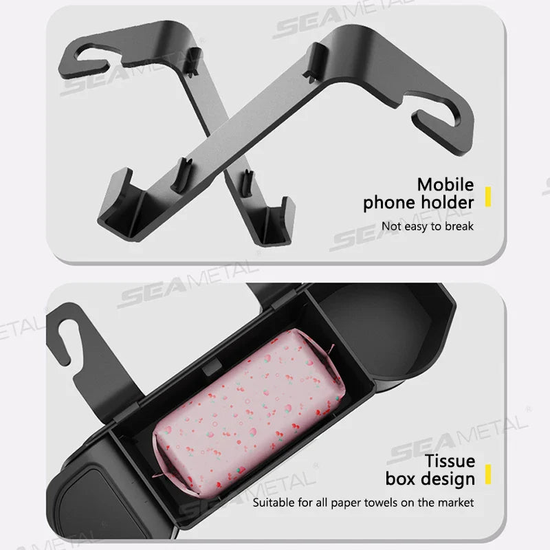 SEAMETAL Car Back Seat Organizer – Multifunction Storage Box with Cup Holder, Trash Bin & Phone Mount