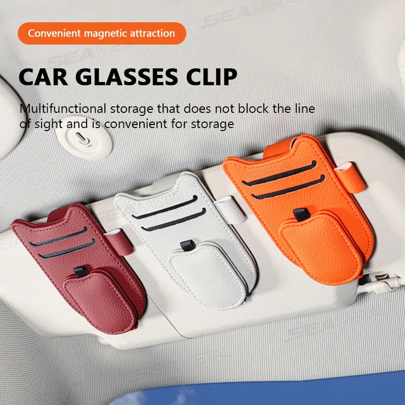 Luxury Magnetic Sunglasses Holder for Car – Leatherette Sun Visor Clip Organizer