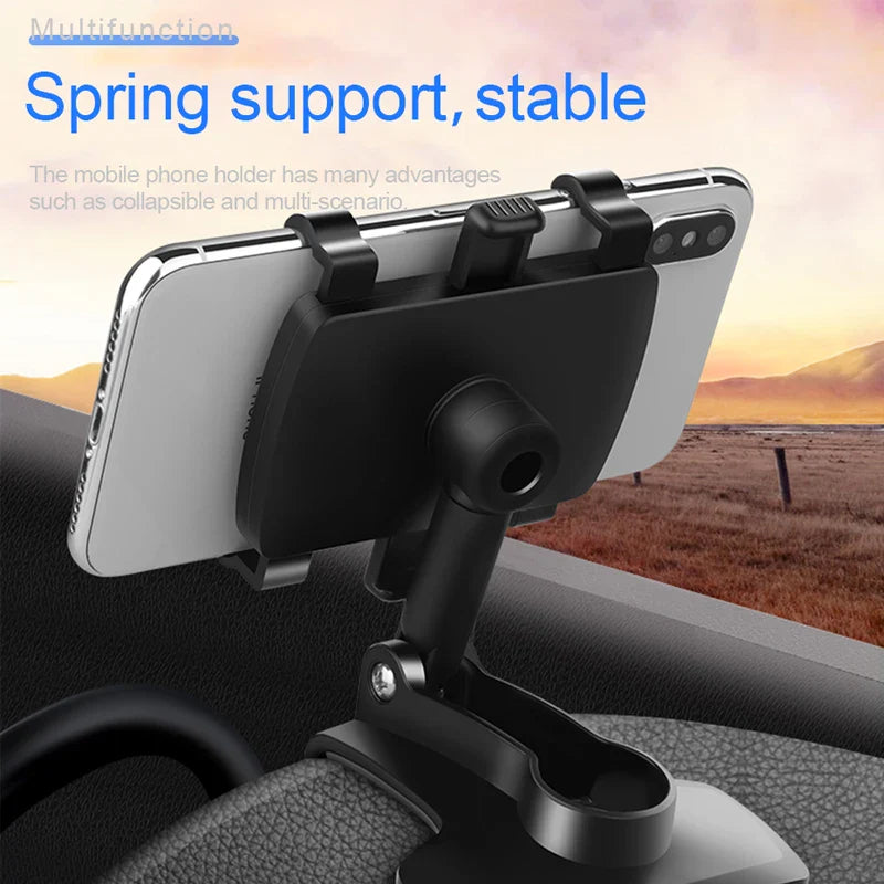 Universal Car Mobile Phone Holder – Clip-On Mount for Dashboard & Rear View Mirror