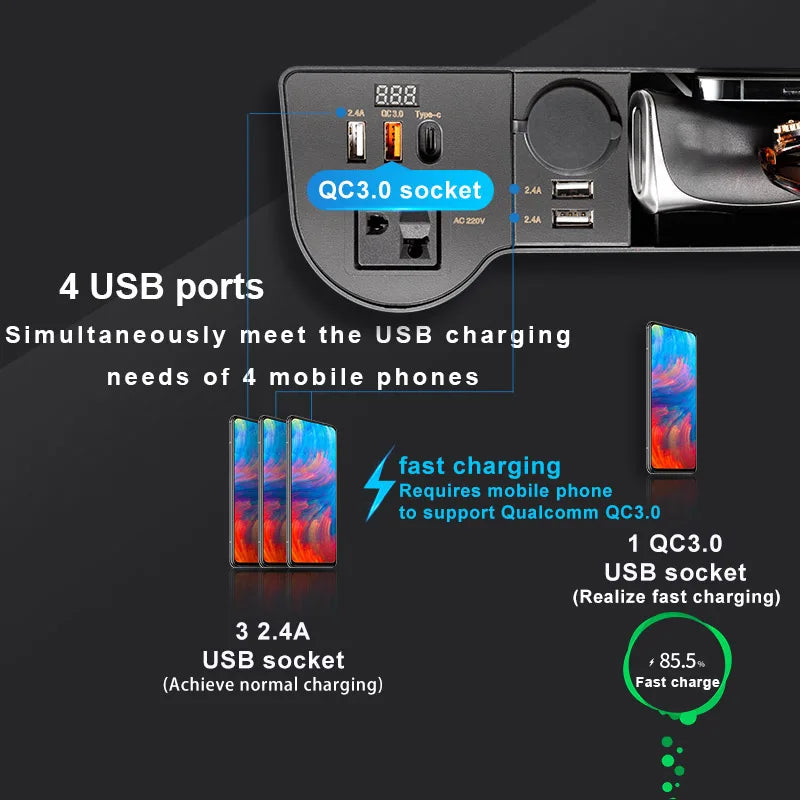 Car Seat Crevice Storage Organizer – Built-In 220V Inverter & 4 USB QC3.0 Fast Charging Ports