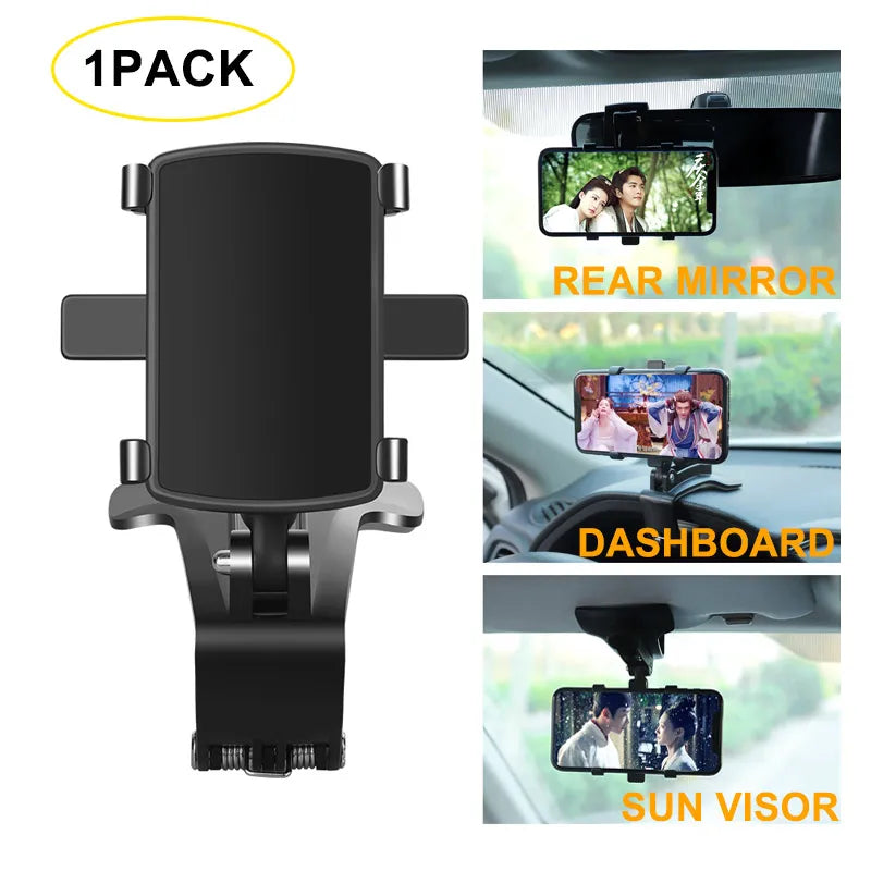 Universal Car Mobile Phone Holder – Clip-On Mount for Dashboard & Rear View Mirror