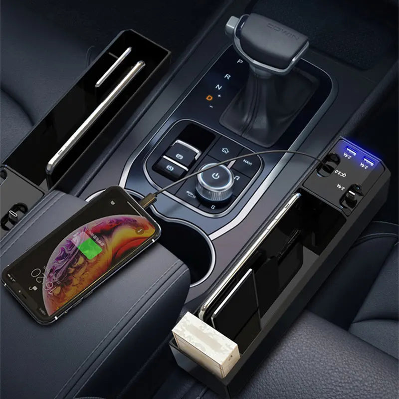 Multifunctional Car Seat Gap Organizer – Dual USB Port Charger for iPhone & Android