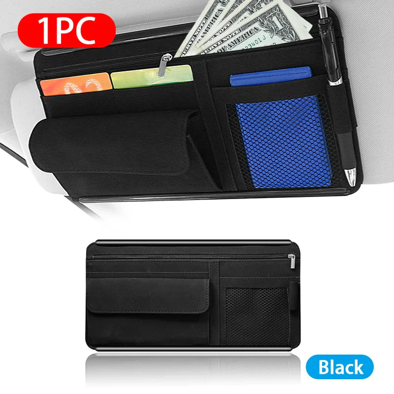 Car Sun Visor Organizer – Textured Suede 2-Layer Storage Bag with Sunglasses Case