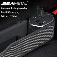 Car Seat Gap Organizer – 40W Wireless Charging Storage Box with 3-in-1 Cable (USB-C/Lightning)