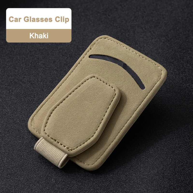 Soporte de Lujo de Gamuza para Gafas de Coche – Fuerte Clip Magnético para Parasol con Bolsillo para Tarjetas