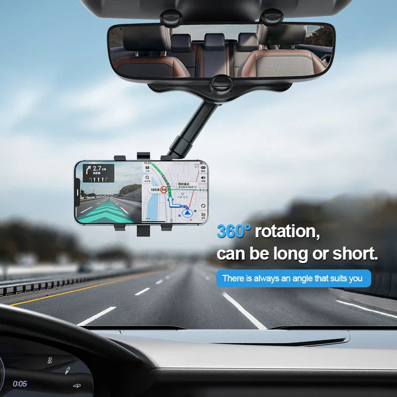 Universal Rearview Mirror Car Phone Holder – 360° Anti-Shake Stable Mount for 3–7 Inch Smartphones