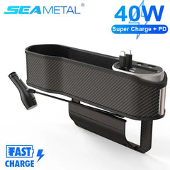 Car Seat Gap Organizer – 40W Wireless Charging Storage Box with 3-in-1 Cable (USB-C/Lightning)