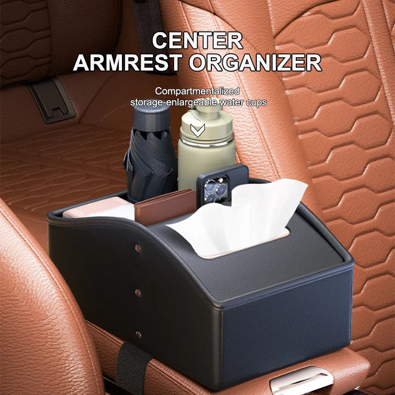 Car Center Console Arm Rest Box – Premium Nappa Leather Storage with Tissue Holder