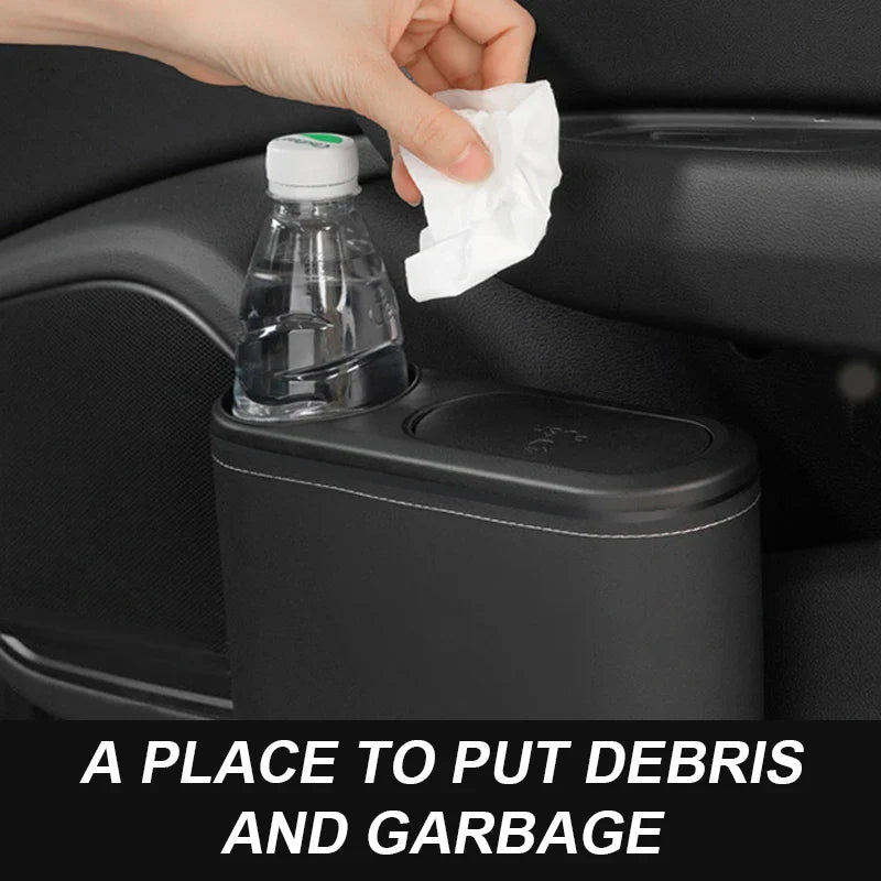 Car Rear Row Trash Can – Hanging ABS Garbage Bin with Pressing Lid & Drink Holder