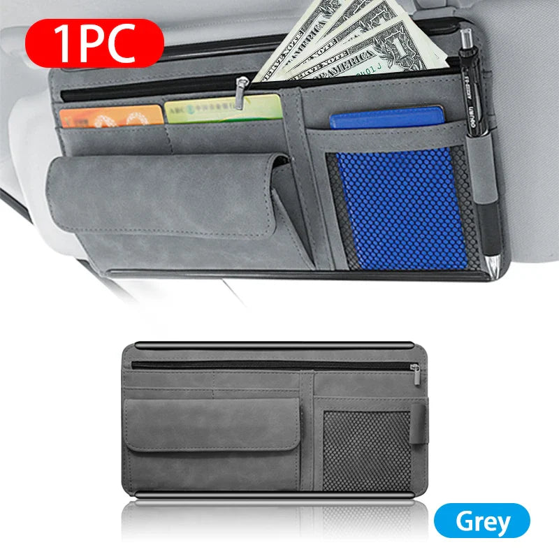 Car Sun Visor Organizer – Textured Suede 2-Layer Storage Bag with Sunglasses Case