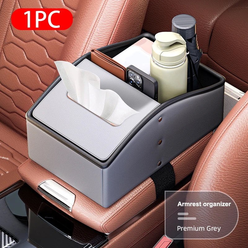 Car Center Console Arm Rest Box – Premium Nappa Leather Storage with Tissue Holder