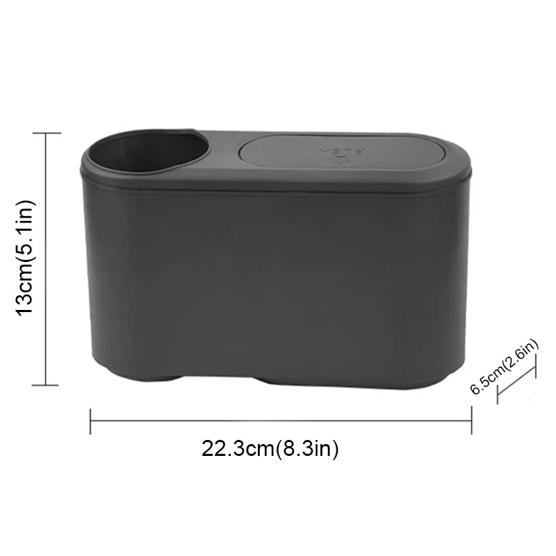 Car Rear Row Trash Can – Hanging ABS Garbage Bin with Pressing Lid & Drink Holder