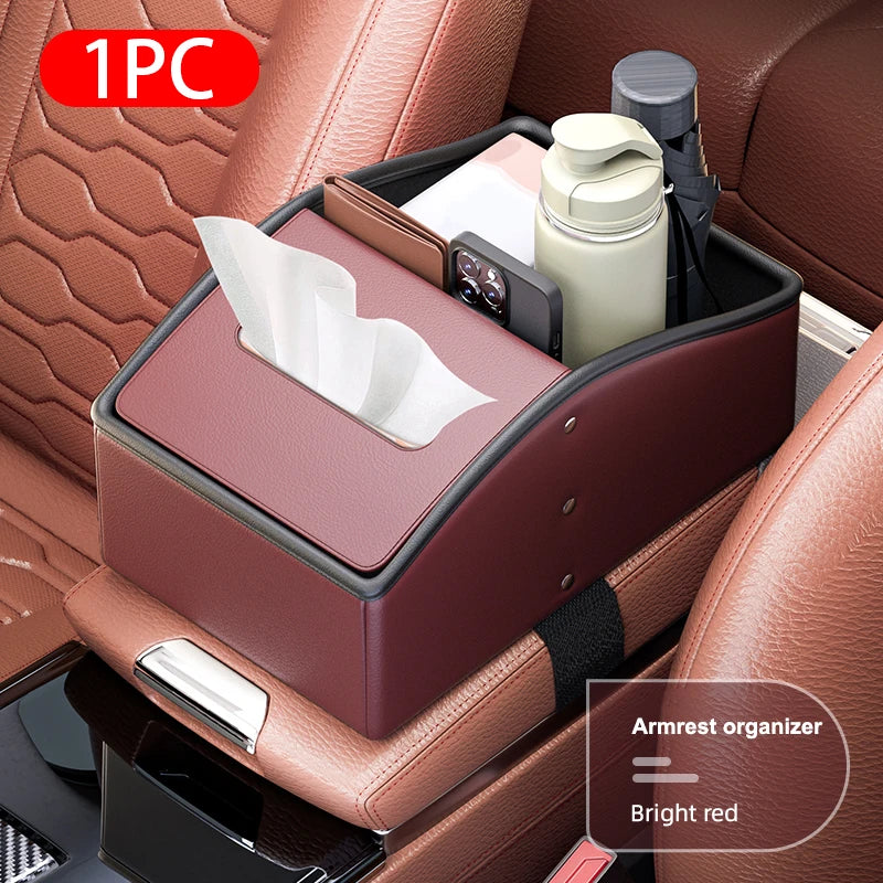 Car Center Console Arm Rest Box – Premium Nappa Leather Storage with Tissue Holder