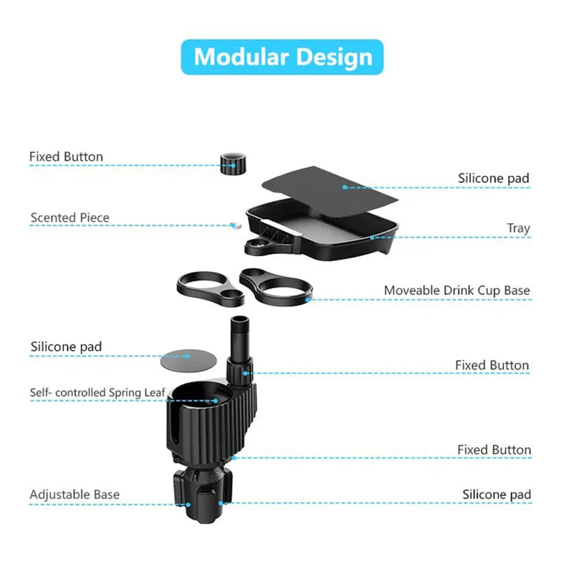 Extensor de portavasos para coche 4 en 1 – Bandeja giratoria para aperitivos y portabebidas de 360° (carga de 3 kg)