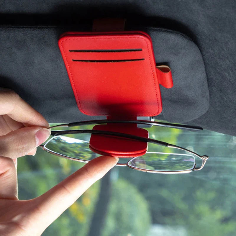 Magnetic Sun Visor Glasses Holder – Premium PU Leather Sunglasses Clip with Card Slot