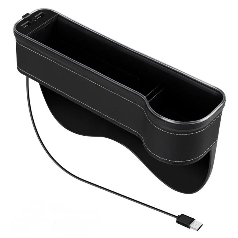 Car Seat Gap Storage Box with LED Atmosphere Light – Dual USB Charger & Cup Holder