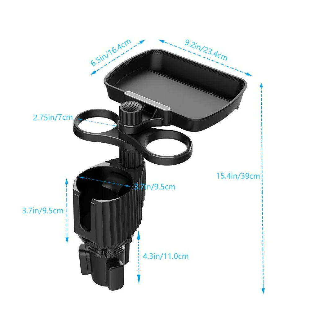 Extensor de portavasos para coche 4 en 1 – Bandeja giratoria para aperitivos y portabebidas de 360° (carga de 3 kg)