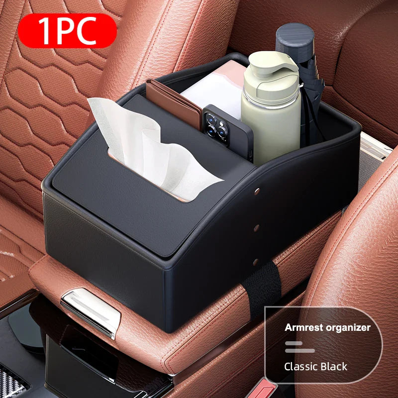 Car Center Console Arm Rest Box – Premium Nappa Leather Storage with Tissue Holder