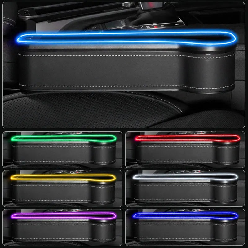 Car Seat Gap Storage Box with LED Atmosphere Light – Dual USB Charger & Cup Holder