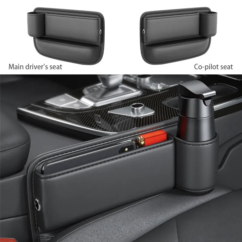 Universal Car Seat Gap Filler – Wear-Resistant PU Leather Organizer with Cup Holder