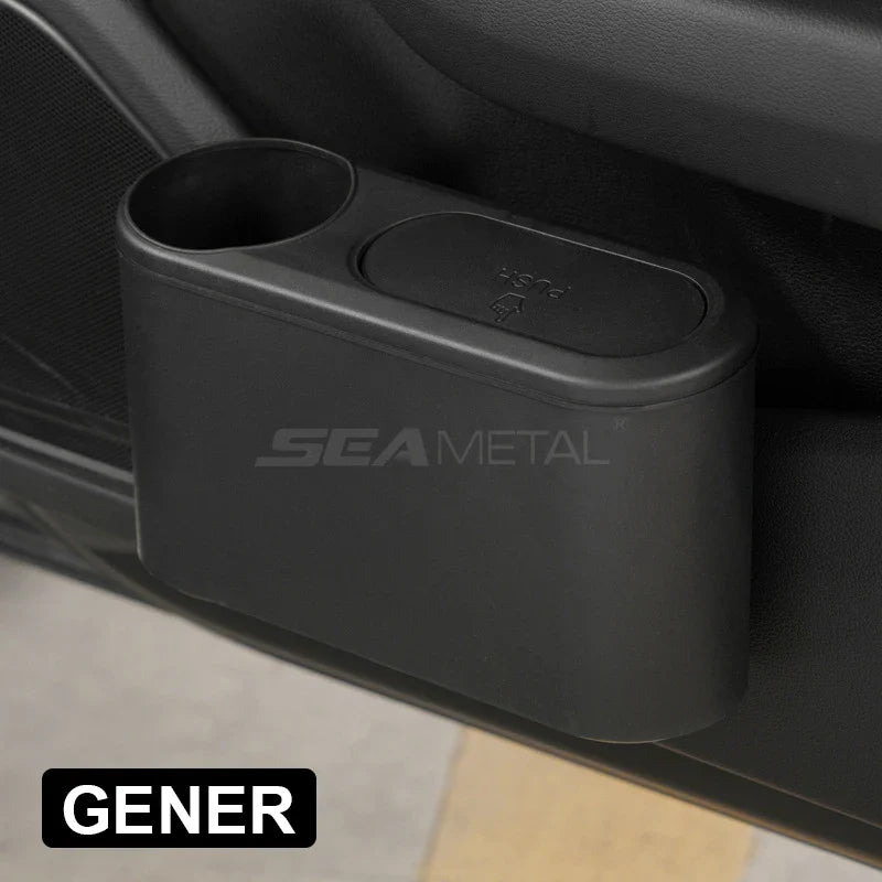 Car Rear Row Trash Can – Hanging ABS Garbage Bin with Pressing Lid & Drink Holder