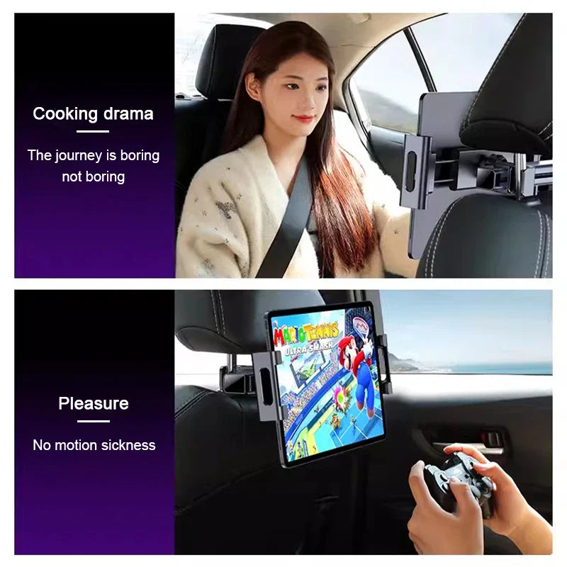 Telescopic Car Headrest Tablet Holder – 360° Rotating Mount for 4–12.9in Devices
