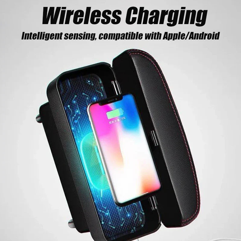 All-in-One Car Arm Rest Storage Box – Wireless Charging Large Capacity Organizer