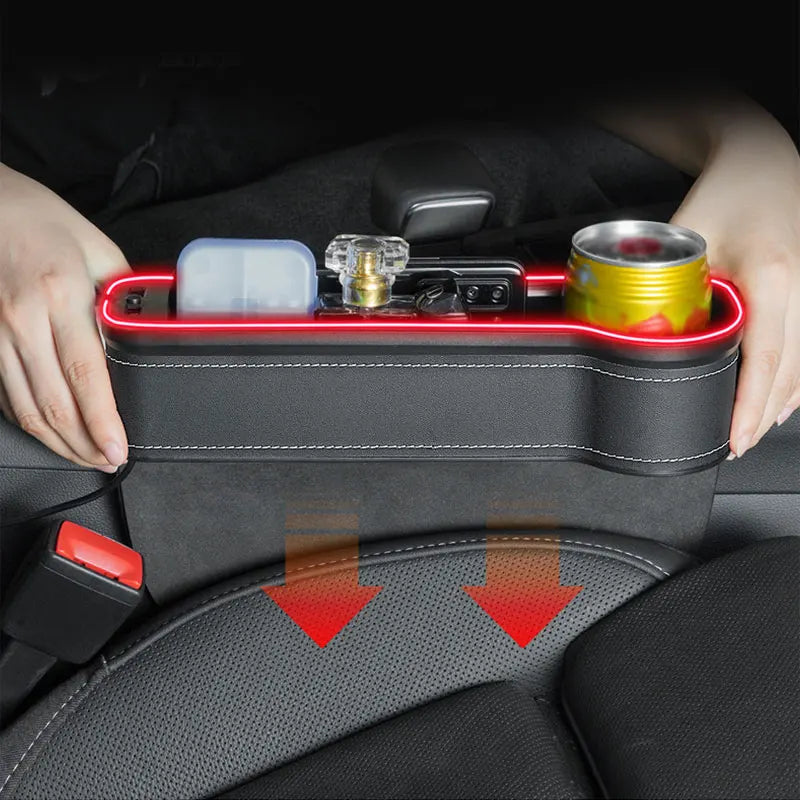 Car Seat Gap Storage Box with LED Atmosphere Light – Dual USB Charger & Cup Holder