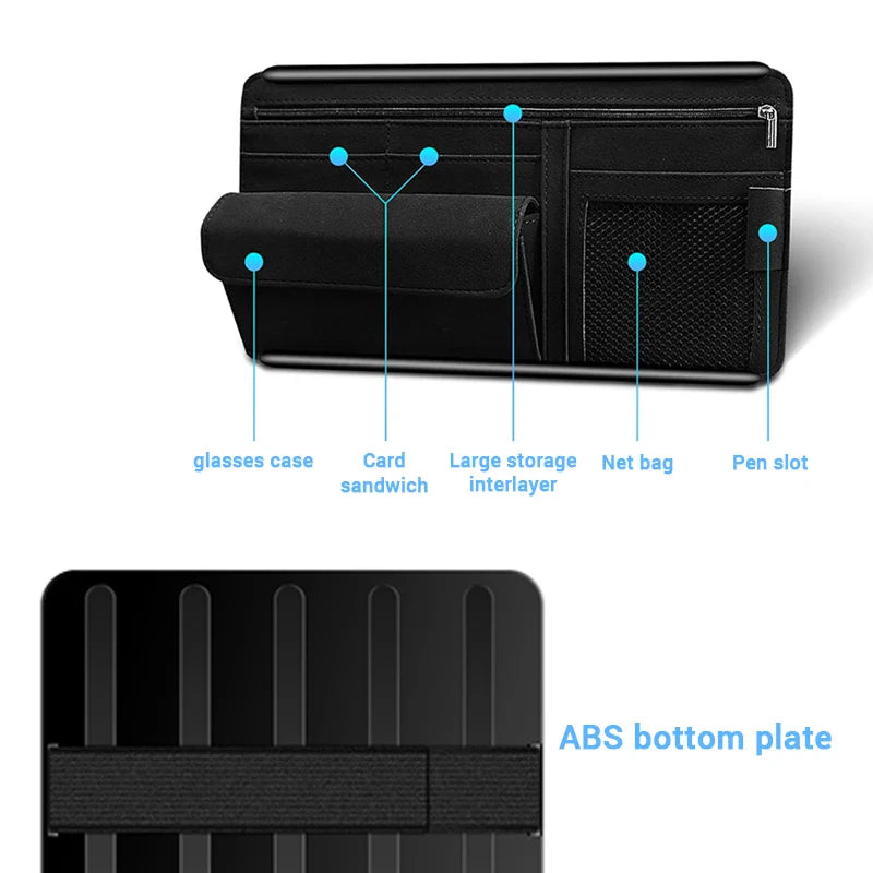 Car Sun Visor Organizer – Textured Suede 2-Layer Storage Bag with Sunglasses Case