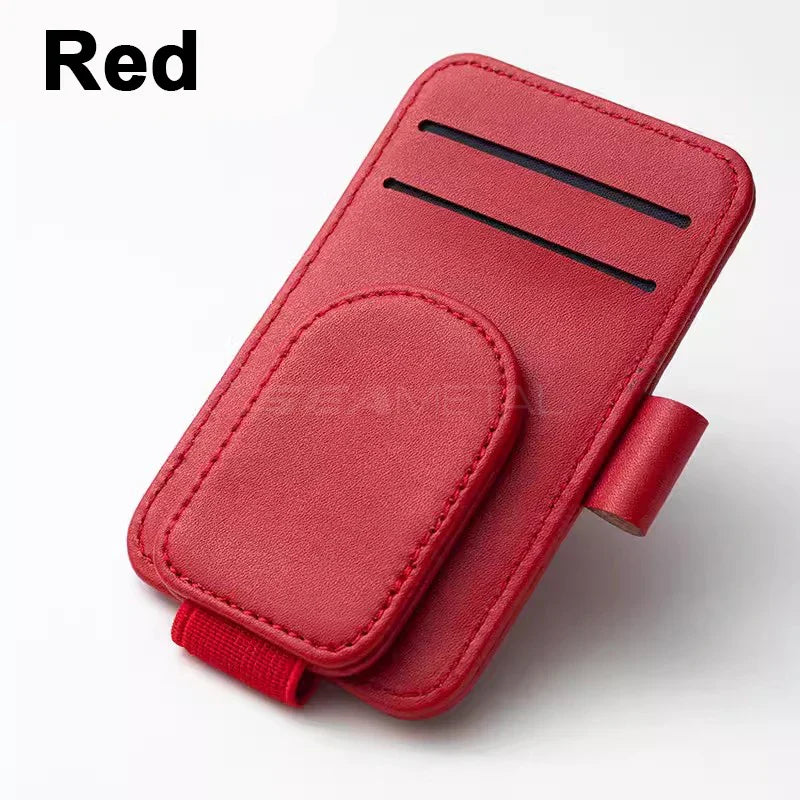 Magnetic Sun Visor Glasses Holder – Premium PU Leather Sunglasses Clip with Card Slot