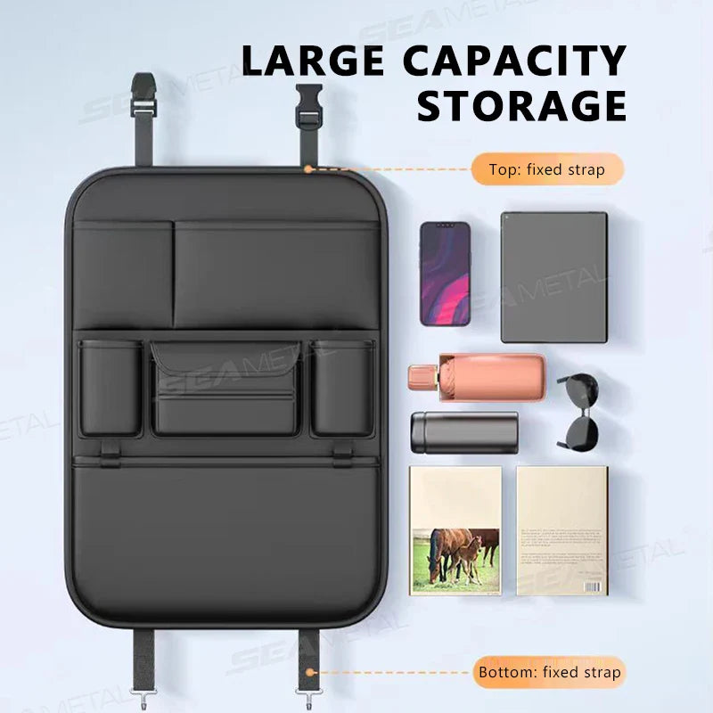 Waterproof 6-Pocket Car Backseat Organizer – Anti-Kick Pad with Cup Holder & Tissue Storage