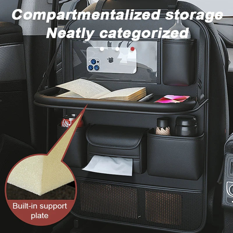 Car Seat Back Organizer with Foldable Table Tray – Auto Backseat Storage Bag with Tablet Holder