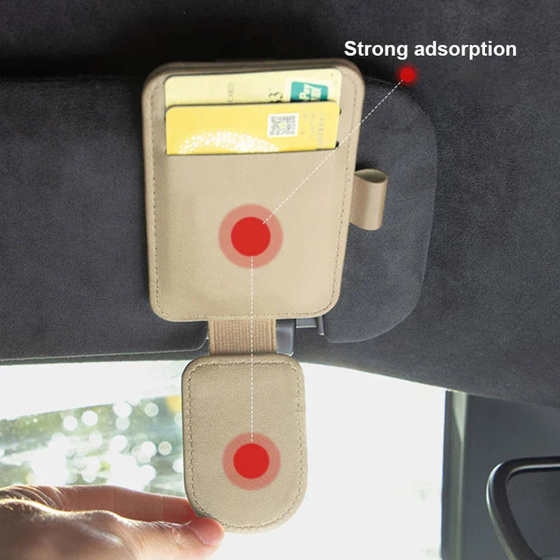 Magnetic Sun Visor Glasses Holder – Premium PU Leather Sunglasses Clip with Card Slot
