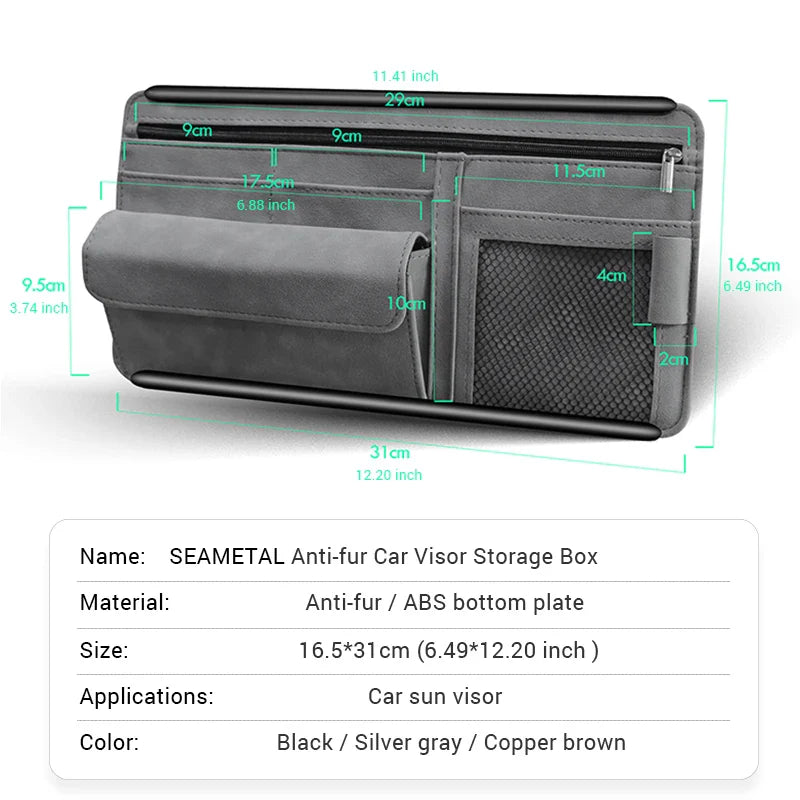 Car Sun Visor Organizer – Textured Suede 2-Layer Storage Bag with Sunglasses Case