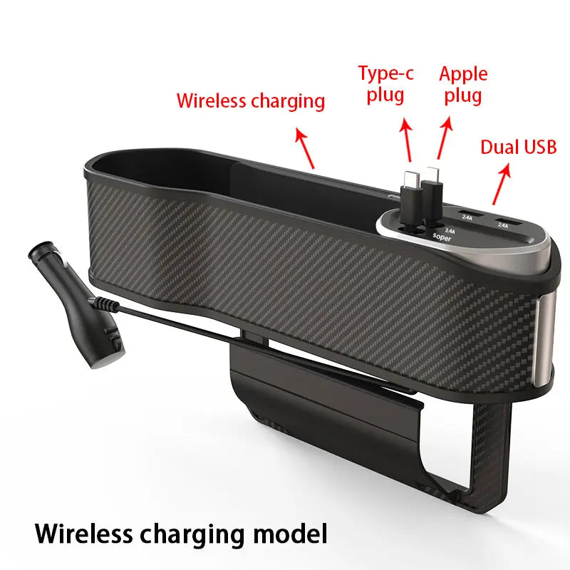 Car Seat Gap Organizer – 40W Wireless Charging Storage Box with 3-in-1 Cable (USB-C/Lightning)