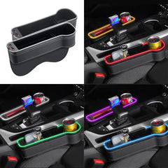 Car Seat Gap Storage Box with LED Atmosphere Light – Dual USB Charger & Cup Holder