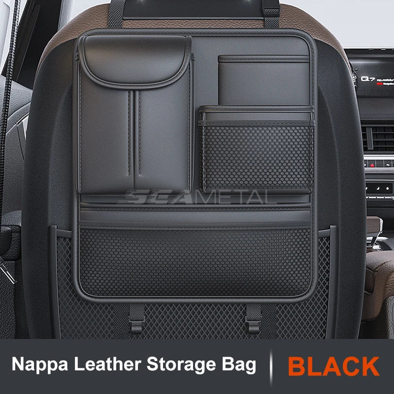 Car Seat Back Organizer – Nappa Leather Rear Row Storage Bag with Anti-Kick Pad
