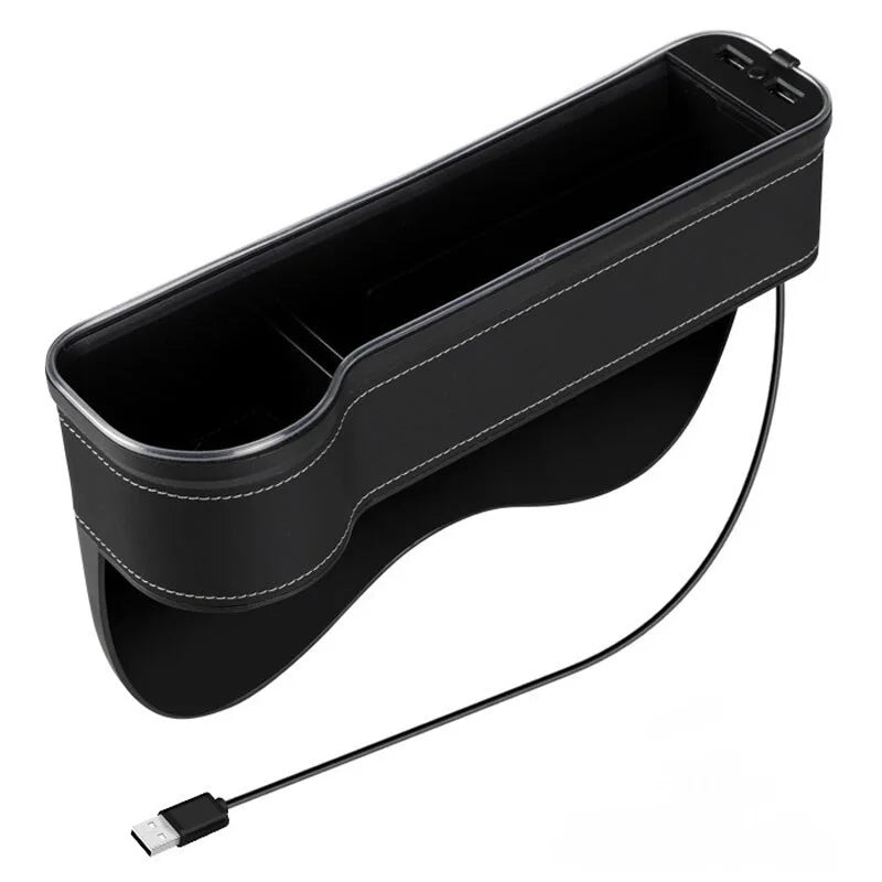 Car Seat Gap Storage Box with LED Atmosphere Light – Dual USB Charger & Cup Holder